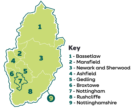 Map of Nottinghamshire showing all districts
